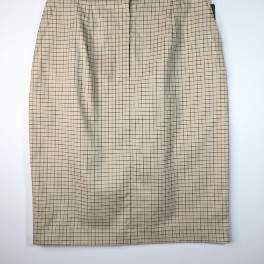 Preppy 80's Style Skirt 10 Beige Plaid Orvis Straight Cotton Spandex Pockets